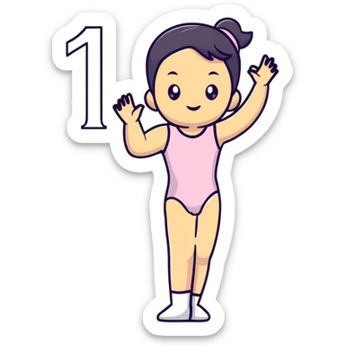 Girl in leotard holding number 1 sticker