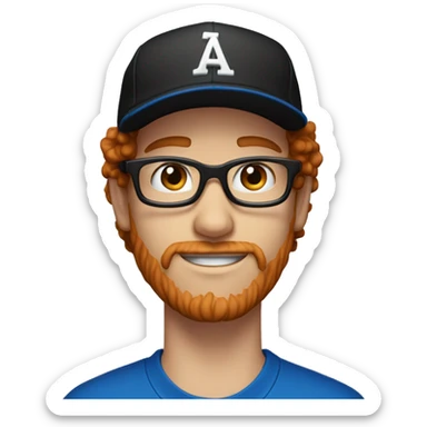 30 years old, male, red hair, curly hair, glasses, black baseball hat, blue eyes, pale complexion, stubble facial hair sticker
