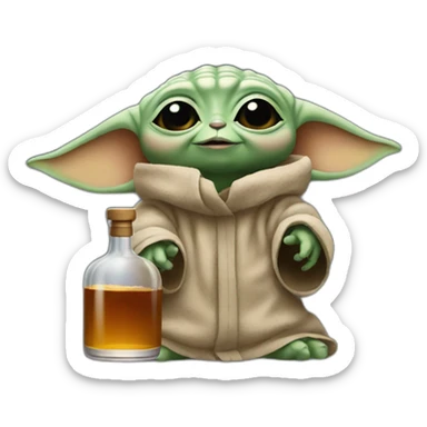 small baby Yoda holding up a big bottle of whiskey sticker
