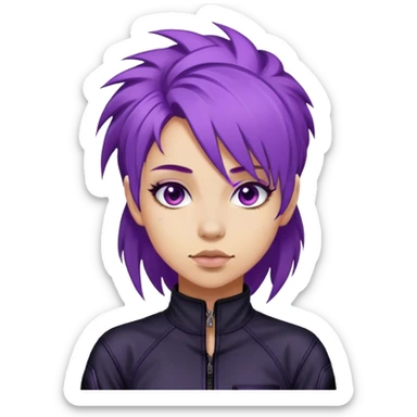 A street racer girl with messy purple hair, black jumpsuit, sticker