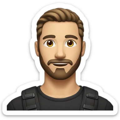 White man with slight sun kissed tan, dark brown eyes and undercut fade hairstyle. He has beard stubble and mustache trimmed. Black clothing, hair styled sideways backwards. sticker