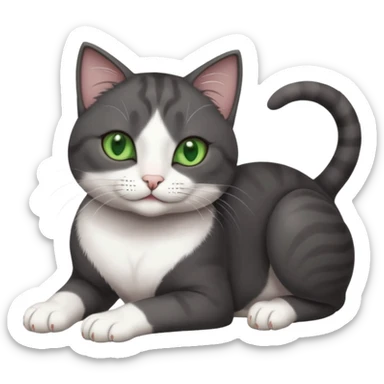 beautiful female solid dark grey cat with green eyes, white toes/paws and white patch on her chest rolling over sticker