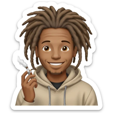black male with dreadlocks, smiling, exhaling smoke, wearing a hoodie sticker