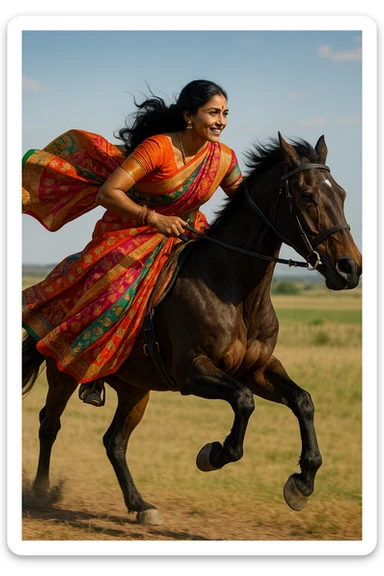 East Indian woman riding a horse at full speed, bright sari, intricate patterns, energetic scene, proud expression, dynamic composition, outdoor landscape sticker