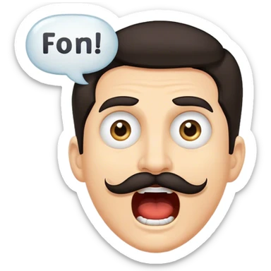 Random guy with light skin dark hair and eyes with a mustache screaming  the word FABIAAAN all in upper case in a Speech bubble  sticker