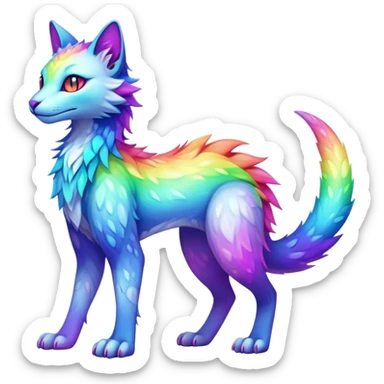 Kawaii neon colorful rainbow iridescent fantasy ethereal feline-vernid-sergal-fursona animal creature with a tufted tail full body with intricate markings sticker