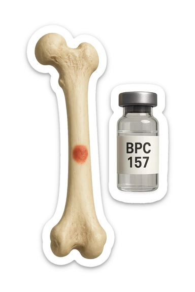 osso umano con red spot fluttua insiema a fiala medica con la scritta "BPC 157" SULL'ETICHETTA, iperrealistiche 4k sticker