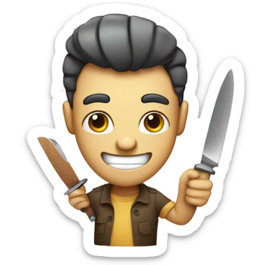a friendly smiling face holding a small kitchen knife, cartoon style.” sticker