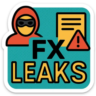logo with turquoise textured background, left outline of masked figure, center bold stylized 'FX LEAKS' with 'FX' highlighted, right document with warning triangle, theme confidential financial leaks sticker