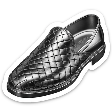 Bottega Veneta slip-on shoes in 3D chrome style, metallic woven pattern, simple background sticker