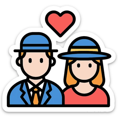 an English man and lady couple with a love heart, flat color icon style sticker