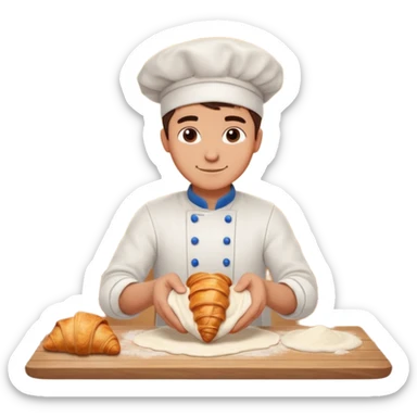 Young male baker – rolling croissant dough on a wooden table, flour on clothes

 sticker