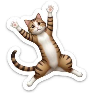 dark brown tabby and white cat with doing a big extremely long stretch reaching up into the air with arms and legs side by side together straight and overextended whilst lying on its side sticker