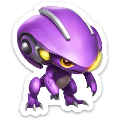 a shiny colorful Genesect-Raptor-Fakémon—hybrid with a futuristic visor-helmet full body sticker