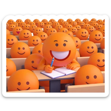 3D smiley emoji, round shape, student taking notes in lecture, orange color, attentive face sticker