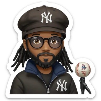 African American Man with shoulder length black dreadlocks with black beard wearing black sunglasses wearing a black bubble winter coat and a New York Yankees logo baseball cap in recording studio sticker