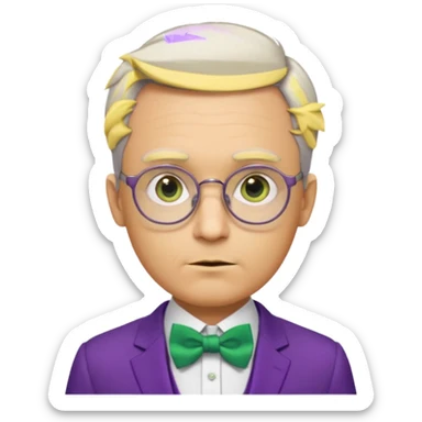 ellow-skinned man with neatly parted brown-gray hair, thick rectangular eyebrows, large round eyes behind thin glasses, a pointed nose, and a green suit with a white collar and purple bow tie. sticker