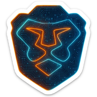 Transform the Brave logo into a cyberpunk, holographic style with glowing neon orange and blue edges, circuit patterns throughout the shield and lion face. Maintain the recognizable shield and lion face shape, overlaying neon and circuit effects in a futuristic, clean cyberpunk style with consistent glow and intricate circuit details. Transparent background. sticker