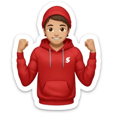 make me an emoji of an americain 19 yearold boy in a red hoodie that says "south" on it and give him with tan skin with his hands in his hands in his pocket grining flexing his muscles sticker