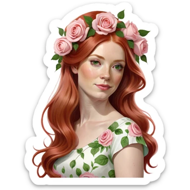 Realistic Long Red haired white woman with white & pink roses in her hair  sticker