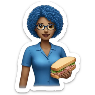 blue curly hair woman with glasses holding a ham sandwich sticker