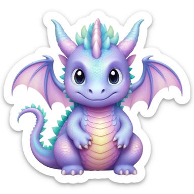 Cinematic fluffy pastel dragon, tiny round wings, chubby feet, sparkling gentle eyes, delicate glowing scales, soft colors blending magically, enchanting and whimsical. sticker