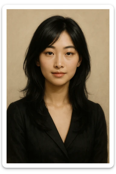 Chinese girl, black layered hair, elegant, semi-realistic, subtle smile, neutral background sticker