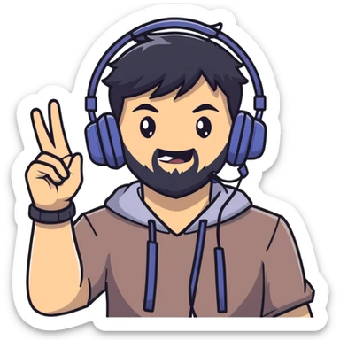 Anime style man with black hair, brown eyes, and black beard wearing gaming headset and making a bravo gesture, anime character design sticker