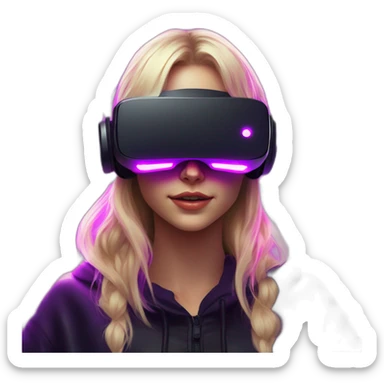 Russian blondy girl celebrating her birthday wearing a black hoodie and VR headset in a cyberpunk VR environment with violet neon lighting sticker