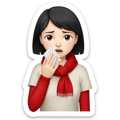 a pretty bratz fair girl crying in a loose oversized off white tshirt and red scarf with short black hair with a tissues in hand sticker