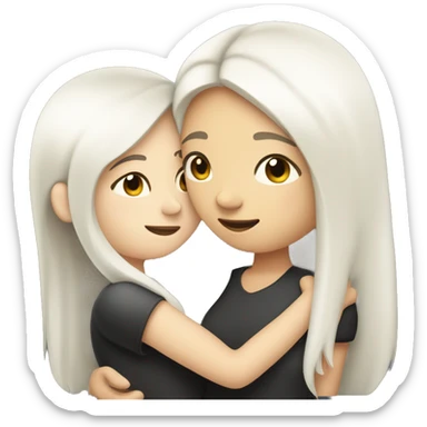 A lesbian couple that both have white skin and long black hair are hugging intimately, and romantically. sticker