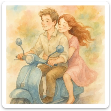 watercolour style illustration of a couple riding a scooter, soft colors, romantic atmosphere sticker