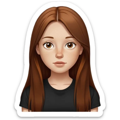 A girl with straight brown long hair. Thin nose with a bit of freckles and on the nose. Slightly plump lips. Black T-shirt sticker