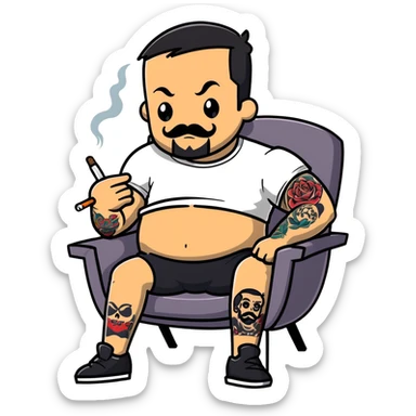 Heavy-set man leaning back in chair with legs spread showing tattooed left calf, smoking cigarette, exposed belly, round face, short black hair, well-groomed short beard with small mustache, black t-shirt with light stripes on top portion, sleeves rolled up, black shorts, arms and left calf decorated with matching black graphic tattoo patterns sticker