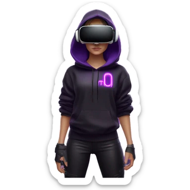 Russian girl wearing black hoody with violet letters "OMG", in vr headset oculus quest2. Standing like jedi. Cyberpunk style. Violet neon. sticker