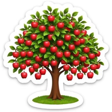A 3D cartoon apple tree with red apples hanging from its branches, lush green leaves, bright daylight, Memoji-style realism. sticker