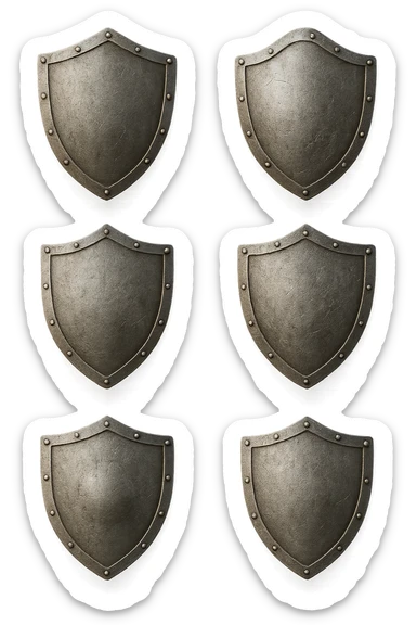 6 scudi 3d che simboleggiano "difesa e protezione", realistici in 3d fluttuano in aria, iperrealistico 4k sticker