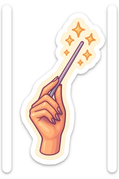 Elegant female hand with almond-shaped nails holding a magic wand upwards, stars flying out of the wand, retro stickers style, thin clean contours, soft rounded shapes, pastel palette #98B5BC, #B5B3C1, #C9A3C9, #E4C0CA, #F7DCD1, #F7C0AA, detailed shadows and highlights, soft lighting, transparent background, no decorative elements sticker