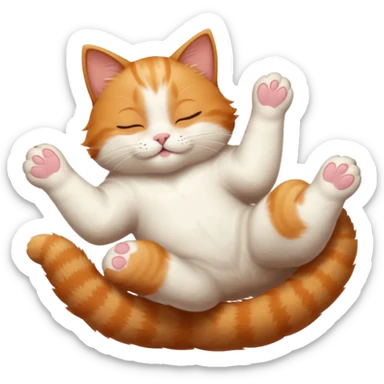 ginger and white small cat eyes closed lying down upside down with paws stretched out in different directions sticker