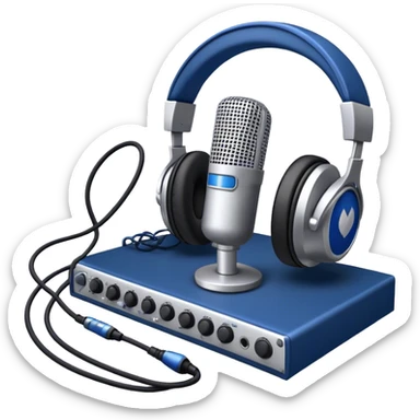 Create a sleek and professional emoji that represents voice acting and dubbing equipment. The design should feature a high-quality microphone, a sound mixer or audio interface, and headphones to symbolize the recording and technical process. Include elements like a soundproof booth or audio cables to reflect the studio environment. Use a modern, clean design with colors like silver, black, and dark blue to represent the professional side of voice acting. The background should be transparent. sticker