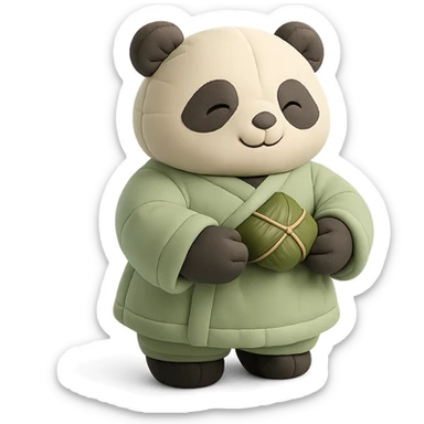 a panda wearing light green Hanfu, holding zongzi with both hands, standing and smiling, full body standing posture, Chinese style, soft color tones sticker