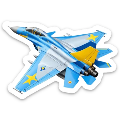 MiG-29 fighter jet with Ukrainian blue and yellow markings, military aircraft sticker