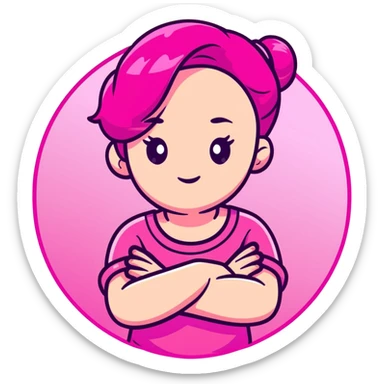Shy girl character with arms crossed, transparent glass style, bright pink gradient, soft shadows and highlights, minimalist cute design sticker