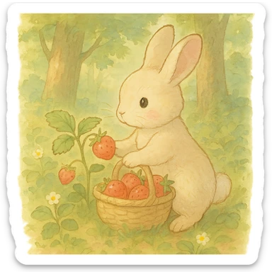 bunny picking strawberries in the woods, sweet pastel red, soft ghibli style sticker