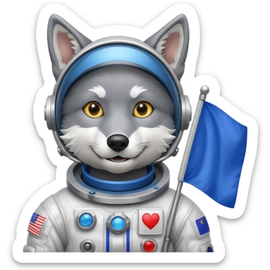 a wolf in space suit, holding blue rectangle flag sticker