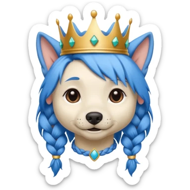 blue haired dog with braided hair and a crown sticker