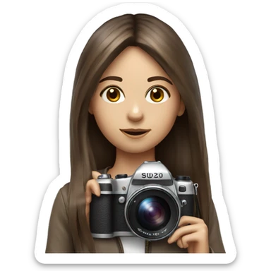 Realistic camera girl with camera and brown long hair and a fringe sticker
