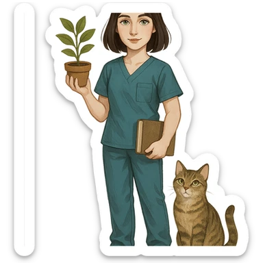 woman with shoulder-length brown hair, pale skin, gray eyes, wearing scrubs, holding a plant in one hand and a book in the other, cat nearby sticker
