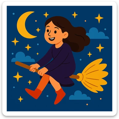 Remove the hat from the brunette girl witch flying on a broomstick, keep her whimsical and magical, vibrant toon style. sticker