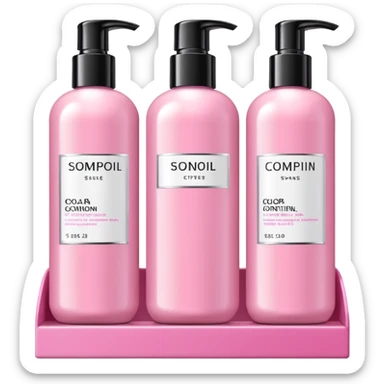 products on a shelf, there are Shampoo bottle, color tube, and conditioner on a pink shelf, the products are luxury brand-labeled and have nice packaging sticker